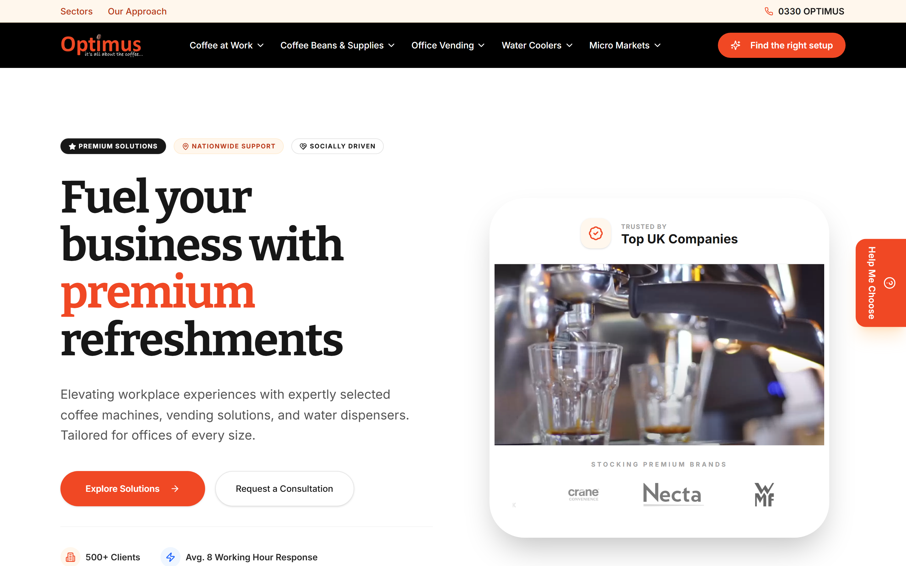 Screenshot of the Optimus Coffee & Vending homepage